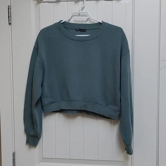 ZARA Moss green cropped crew neck sweatshirt top shirt Medium - Picture 2 of 6